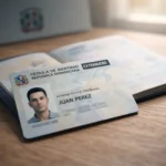Cédula de identidad dominicana para extranjeros y pasaporte sobre escritorio oficial