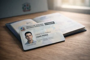 Cédula de identidad dominicana para extranjeros y pasaporte sobre escritorio oficial