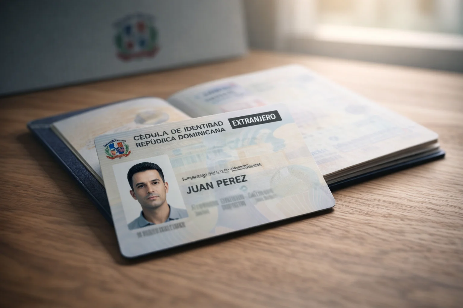 Cédula de identidad dominicana para extranjeros y pasaporte sobre escritorio oficial